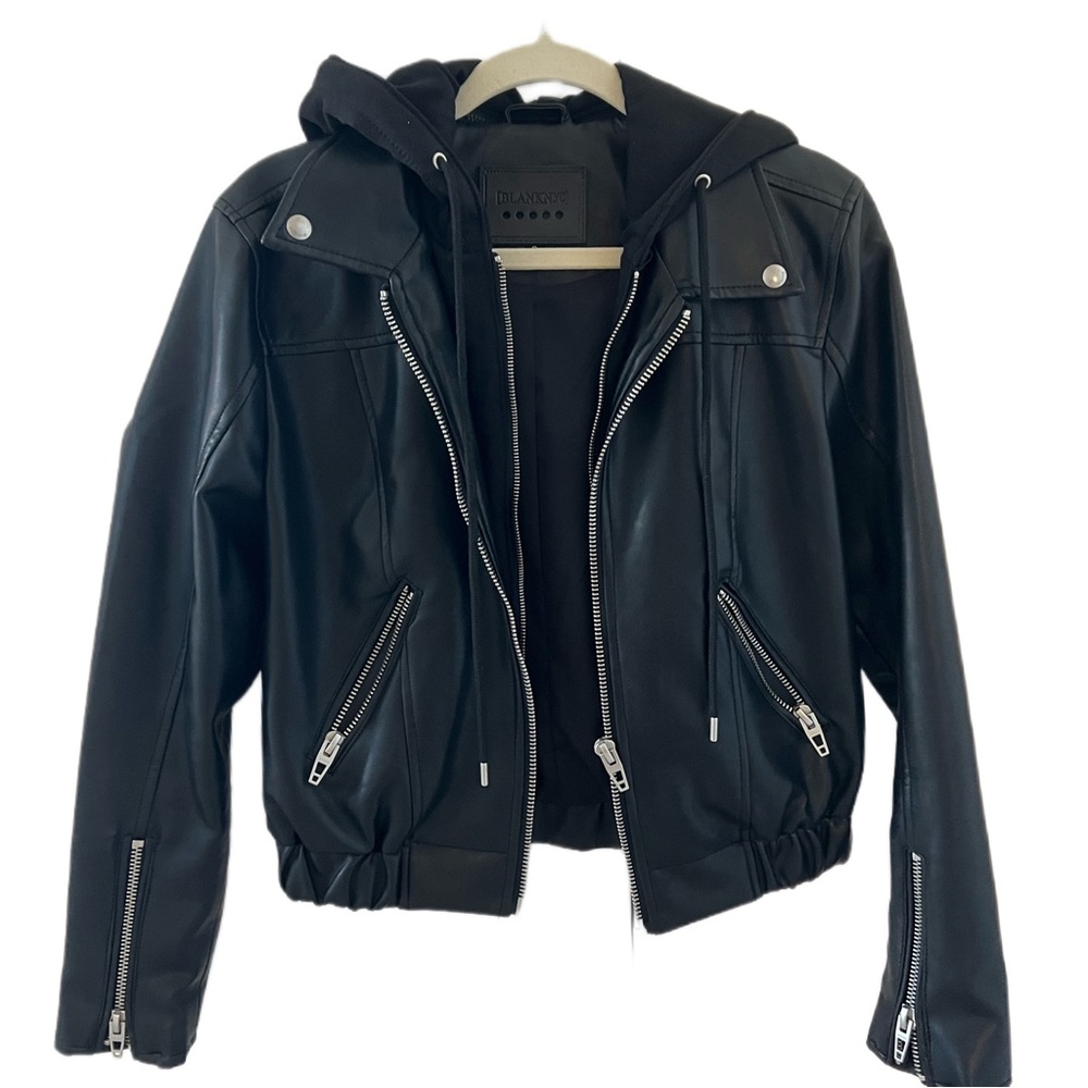 Blank NYC faux leather jacket with removable hood
